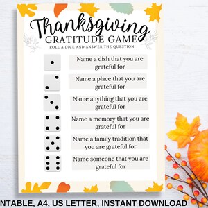 Juego de gratitud de dados de Acción de Gracias, Actividad de gratitud para Acción de Gracias, Soy un juego de dados agradecido, Actividad de gratitud para adultos, Carta de EE. UU. A4