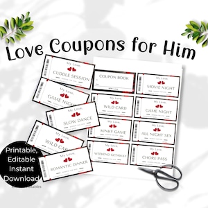 Customizable Love Coupon Book for Him. Printable Valentine’s Day Coupons, , Last minute Coupon Gift for men, Husband and Boyfriend