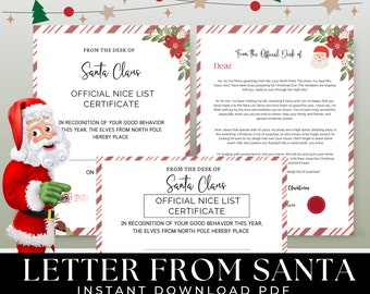 Könnte beinhalten: Ein weihnachtliches digitales Download-Paket mit einem Brief und einem Zertifikat vom Weihnachtsmann. Das Design umfasst dekorative Elemente wie Weihnachtsstern, Weihnachtsbäume und Sterne. Der Text lautet "Official Nice List Certificate" und "Letter From Santa".