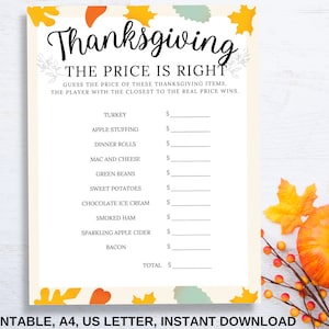 Printable Thanksgiving The price is right, The price is right Thanksgiving party game, Thanksgiving Price is Right Activity, US Letter, A4