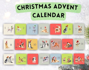 25 kaarten Kerstadventskalender voor volwassenen, Afdrukbare Advent Countdown-activiteiten met hondenthema, Advent Kerstactiviteit voor kinderen