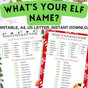 What&#39;s Your Elf Name Printable Game, Elf Name Game, Christmas Elves Party Game, Fun Christmas Printable Game, A4, US Letter