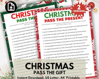 May include: Two printable Christmas game cards with red and green designs. The cards feature the text "Christmas Pass the Gift" and instructions for a game where players pass a gift around a circle while following a set of rules.