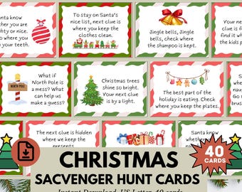 Puede incluir: Un conjunto de 40 tarjetas de búsqueda del tesoro de Navidad imprimibles con rayas rojas y verdes. Las tarjetas presentan ilustraciones de árboles de Navidad, regalos, Papá Noel y otros símbolos navideños. El texto en las tarjetas incluye pistas para un juego de búsqueda del tesoro.