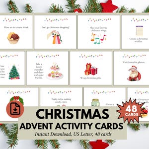 Christmas Advent Calendar Activity Cards, kids Holiday Countdown activities, Fun Printable Countdown for Families, Christmas bucket list