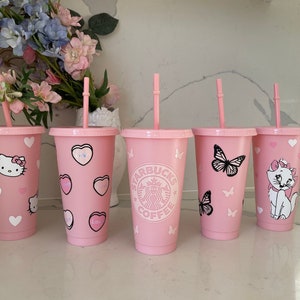 Starbucks Inspired Pink Tumblr Venti Cold Cup Reusable - Limited Ed Iced Coffee Cup - Frosted 24oz Girly Pink Preppy Lid and Straw