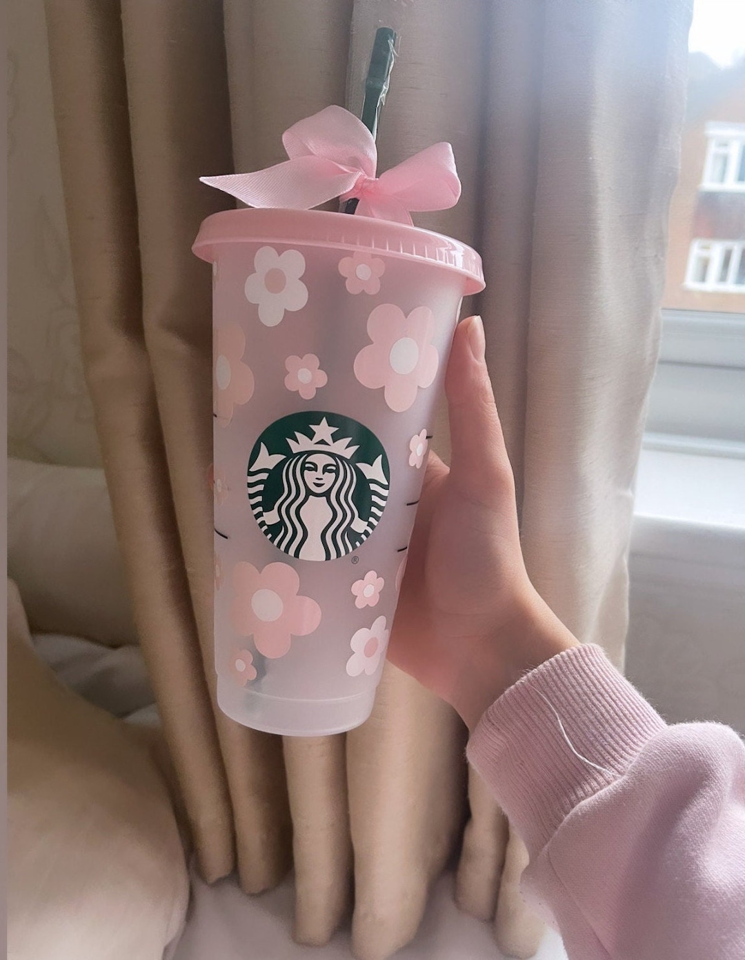 Retro Flowers Starbucks Cup Pink Flowers Cold Cup 70s 