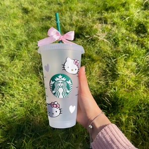 Starbucks Kitty Inspired Tumblr Venti Cold Cup Reusable Iced Coffee Cup Frosted 24oz Bow Pink Personalised Girly Kawaii Lid Straw Cute