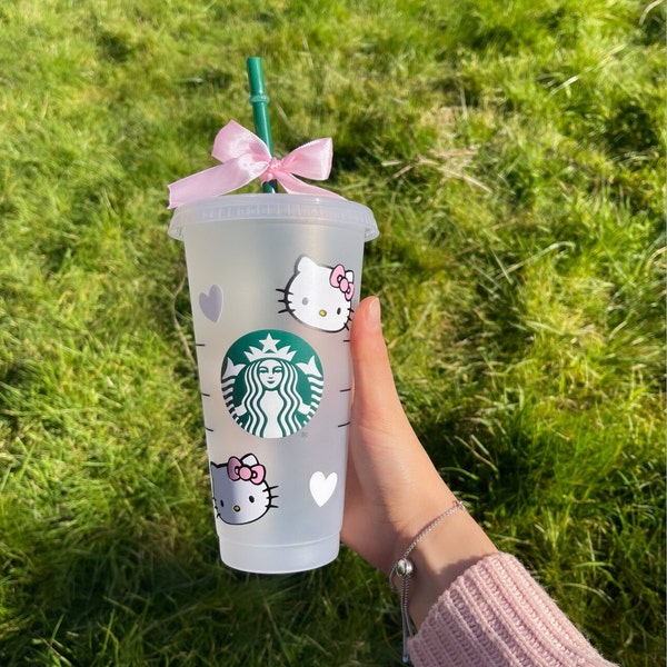Starbucks Kitty Inspired Tumblr Venti Cold Cup Reusable Iced Coffee Cup Frosted 24oz Bow Pink Personalised Girly Kawaii Lid Straw Cute