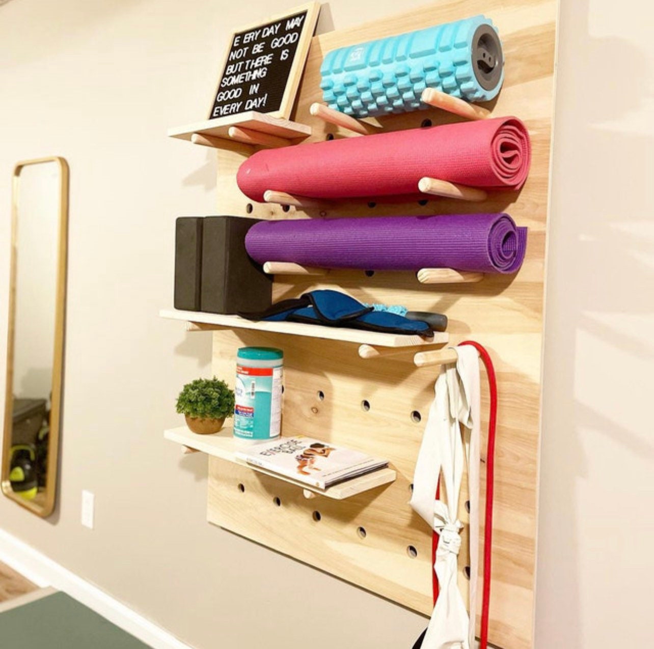 Modern Wood Pegboard Shelf: Large Rectangle 36 X 48 / Peloton Organization  / Trendy Wall Shelf / Wooden Wall Shelf / Home Gym 