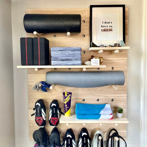 Modern Wood Pegboard Shelf: Large Rectangle 36" x 48" / Peloton Organization / Trendy Wall Shelf / Wooden Wall Shelf / Home Gym