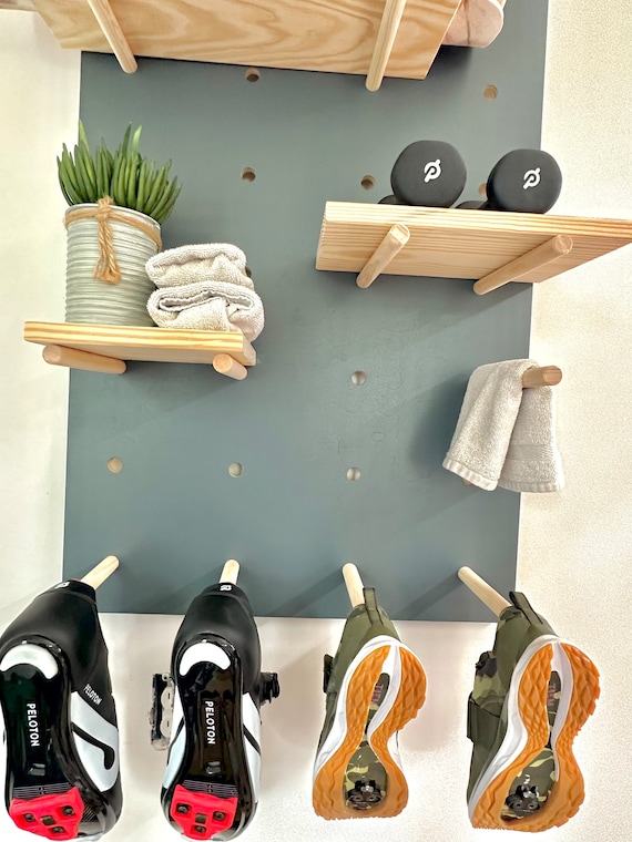 Modern Wood Peg Board Wall Shelf : Large Square 24 X 36 / Peloton /  Floating Shelves / Pegboard Display / 