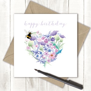 Happy Birthday Bumble Bee and Thistle Card, Floral Love Heart Greeting Card, Scottish Birthday Card, Blank Inside