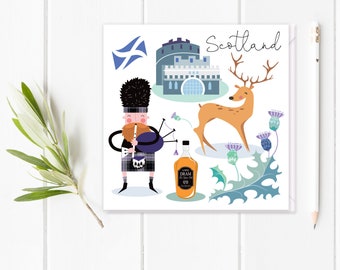 Scotland Blank Card- Fun Scottish Card- Piper, Stag, Castles, Scotland Card