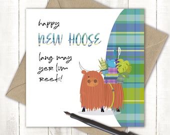 Funny Highland Cow New Home Card – Scottish Housewarming Gift