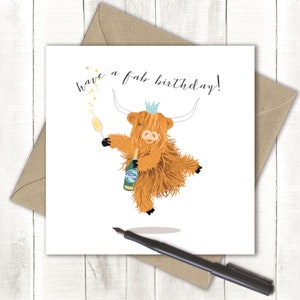 Have a Fab Birthday! Highland Cow Card, Celebratory Scottish Cow Greetings Card, Blank Inside