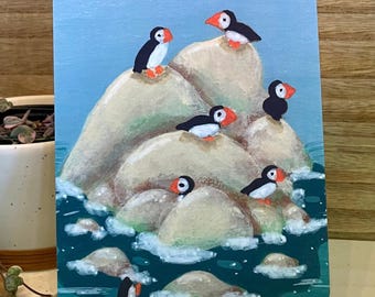 Coastal Watch - Puffins Sitting on Rock 5x7in Art Print