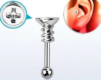 16g Screw Earring Tragus Piercing Stud Silver Barbell Surgical Steel - 6mm 8mm - Labret Cartilage Helix Monroe Conch Daith  Body Jewelry