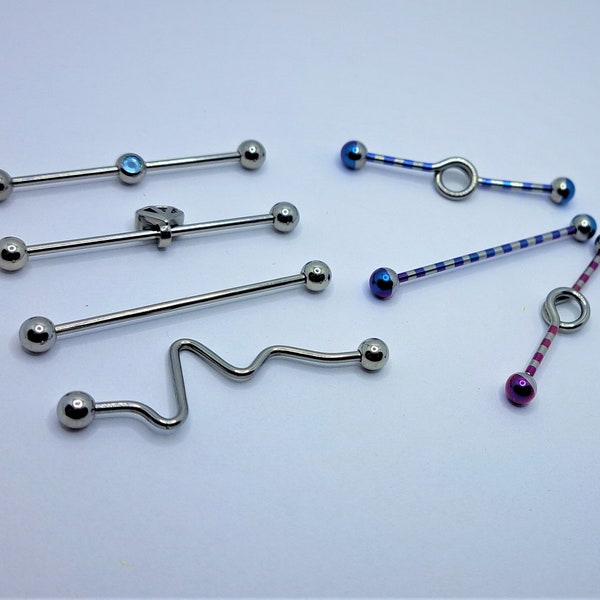 Longue boucle d'oreille industrielle 14G - Acier chirurgical - Structure d'oreille / Cartilage - Bijoux de corps Piercing - Tige incurvée unique en bleu rose