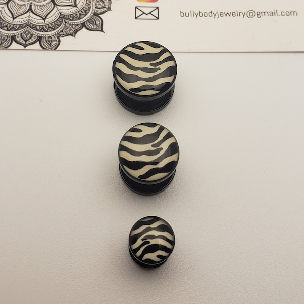 Pair Zebra Animal Print Black White Plugs - acrylic tunnel gauge spacer ear stretcher flesh screw Body Jewelry 00g 1/2" 12mm 2g ear lobe