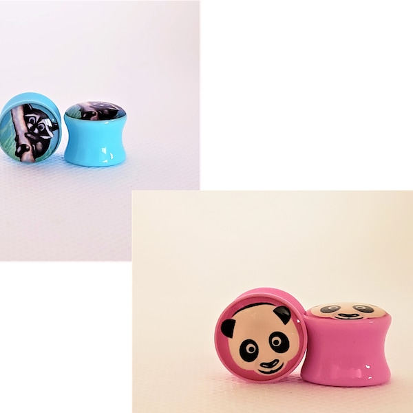 Pair Acrylic Animal Plug - Pink Panda Blue Raccoon - Plugs Gauges Ear Stretcher Tunnel Spacer Earring Lobe Body Jewelry Kawaii set Cute