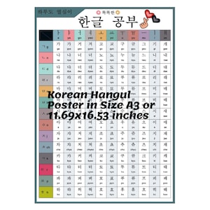 May include: Korean Hangul poster in A3 size, 29.7 x 41.9 cm. The poster features a colorful chart of Korean characters, with a white background and black text. The top of the poster has Korean text and a heart symbol.