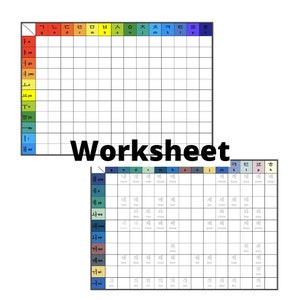 May include: Two Korean language worksheets with a grid layout. The top worksheet has a colour-coded header row with Korean consonants. The bottom worksheet has Korean characters and the word "Worksheet" in large, black text.