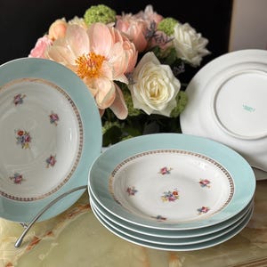 Könnte beinhalten: Set aus vier weißen Suppenschalen aus Keramik mit hellblauem Rand und Blumenmuster. Die Schalen sind übereinander gestapelt.