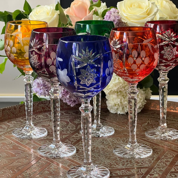 Lot de 6 grands verres Roemer / verres à vin du Rhin colorés en cristal