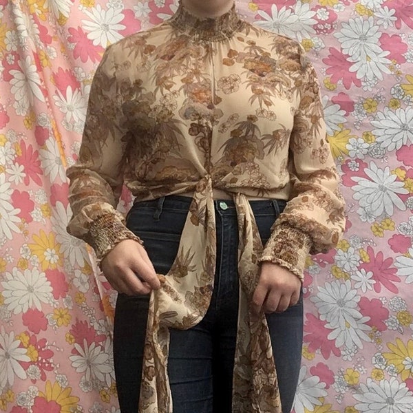 Sheer Art Nouveau Print Victorian Boho Style Tie Top Blouse