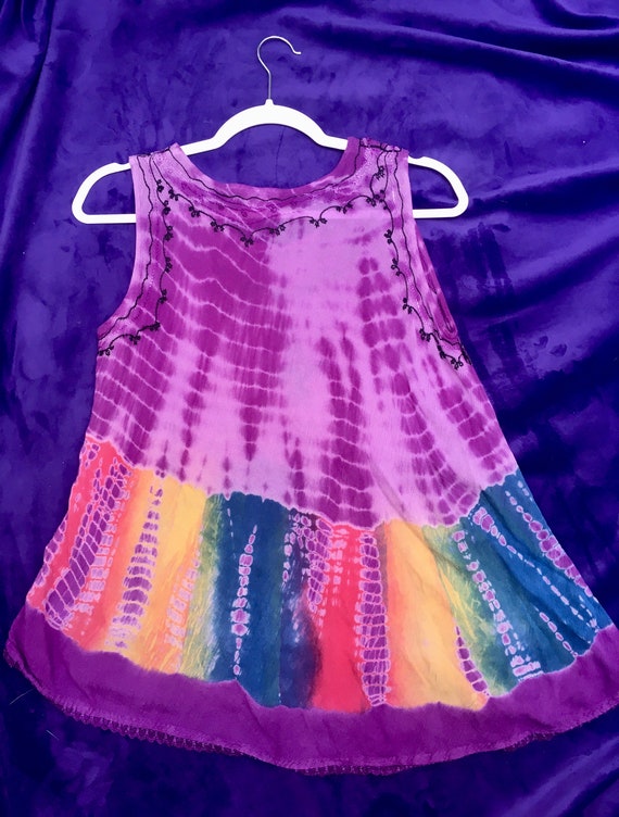 Purple Tie-Dye Hippie Top Rainbow Embroidered Sle… - image 5