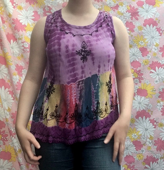 Purple Tie-Dye Hippie Top Rainbow Embroidered Sle… - image 4