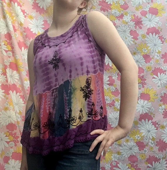 Purple Tie-Dye Hippie Top Rainbow Embroidered Sle… - image 2