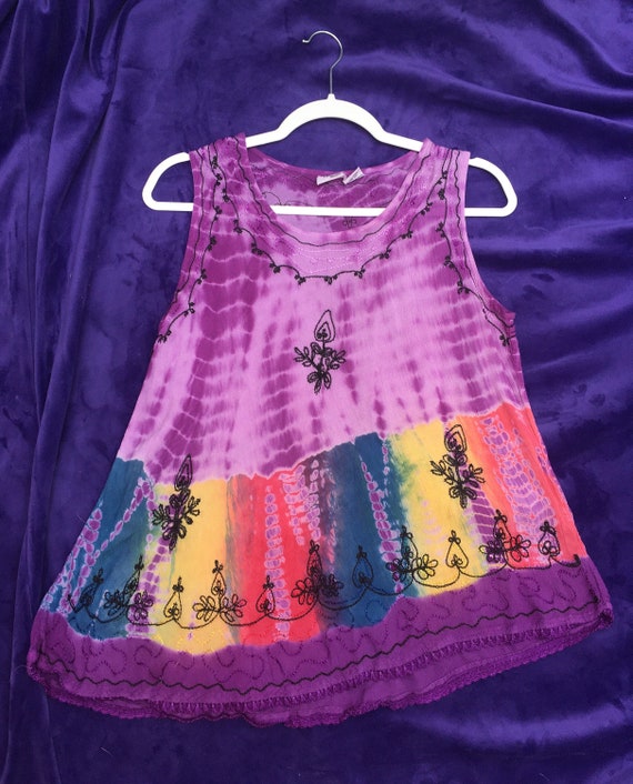 Purple Tie-Dye Hippie Top Rainbow Embroidered Sle… - image 1