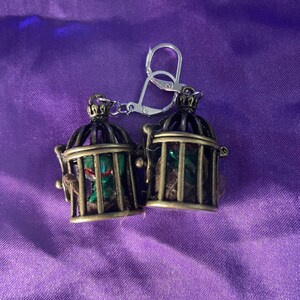 May include: A pair of earrings featuring antique bronze-colored metal birdcages. Inside each cage is a small, translucent green creature with red accents, resting on a brown textured base. The earrings are attached to silver-toned leverback hooks.