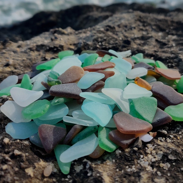 Genuine Craft Sea Glass Mix, Lot 100-300 Pieces Bulk, 2/5" - 1" White, Seafoam, Ice, Green, Honey, Brown Sea Glass