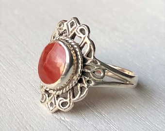 Intricate Sterling Silver and Carnelian Ring Size 7.5 - Carnelian Ring - Sterling Silver Womens Ring