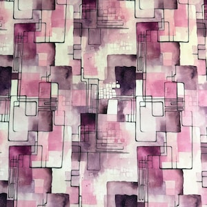 May include: A fabric pattern featuring a repeating abstract design of overlapping rectangular shapes in shades of light pink, magenta, and deep purple, accented by thin, crisp black lines that form geometric outlines and interconnected pathways.