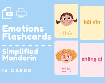 SIMPLIFIED MANDARIN | Emotionen Lernkarten | Druckbare Mandarin Flash-Karten | Chinesisch Lernkarten für Kinder | Digitaler Download