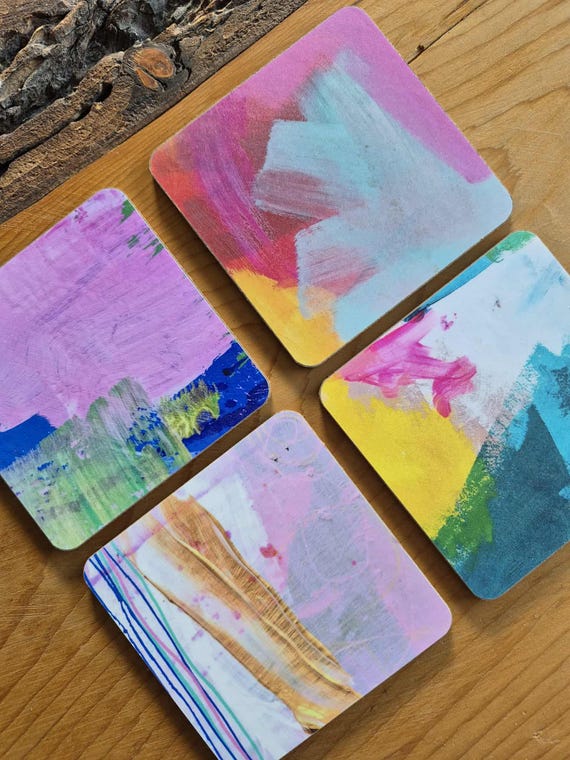 Abstract colourful coaster set: mixed media art, joyful, set of 4