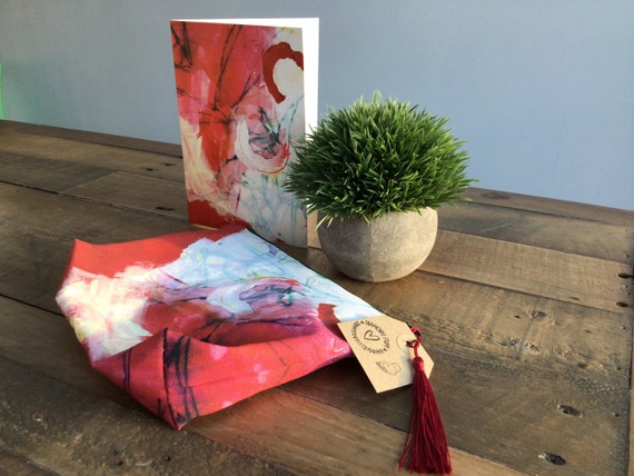 Red & White abstract makeup bag, wash bag, colourful pouch complete with matching card