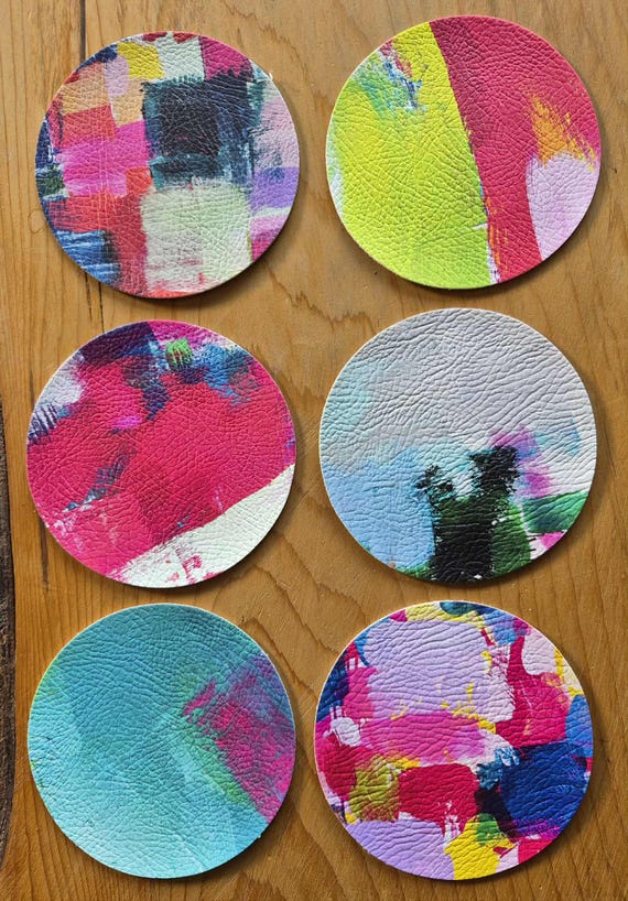 Colourful coasters: original abstract artwork, Vinyl leatherette, set of 6, round coasters