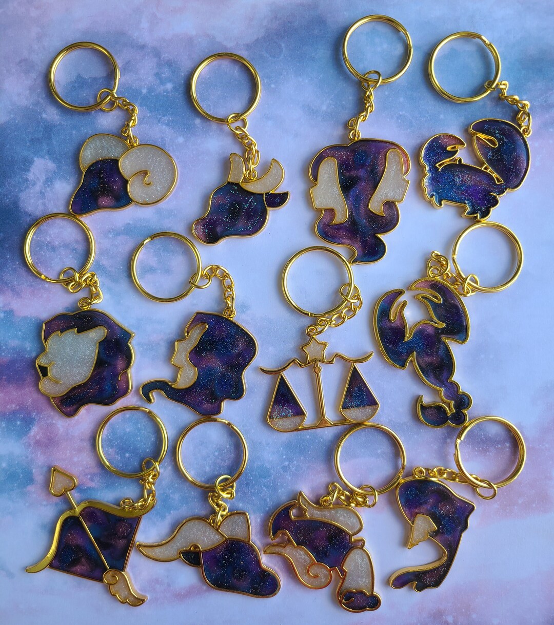 Zodiac Sign Goldframed Resin Keychain Star Sign Keychain Etsy