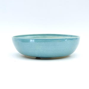 Peut inclure: Un bol en céramique rond et peu profond avec une glaçure lisse et brillante bleu turquoise clair. Le bol présente une large ouverture et une paroi extérieure légèrement incurvée qui se rétrécit vers une base circulaire plate et un intérieur crème.