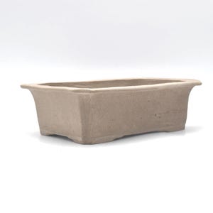 Op de afbeelding: Een rechthoekige bonsai-pot van ongeglazuurd keramiek met een matte, lichtbeige afwerking. De pot heeft een brede, platte rand die bij de hoeken iets naar buiten uitsteekt, een diepe bak en vier kleine, geïntegreerde voetjes aan de onderkant.