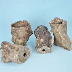 Könnte beinhalten: Vier braune, strukturierte, unregelmäßig geformte, steinartige Pflanzgefäße. Die Pflanzgefäße sind aus einem rauen, porösen Material gefertigt und haben ein natürliches, erdiges Aussehen.