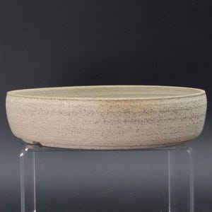 Peut inclure: Un bol en céramique beige de forme ovale avec une surface texturée. Le bol a un profil bas et un large bord. L'extérieur présente un aspect moucheté avec des taches plus foncées. Le bol est probablement fait à la main et convient au service ou à l'exposition.