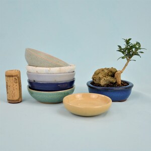 Può includere: Una collezione di piccole ciotole in ceramica colorate nei toni del blu, verde e beige. Sono presenti anche un tappo di sughero e un piccolo bonsai in un vaso blu. Le ciotole sono impilate su una superficie azzurra.