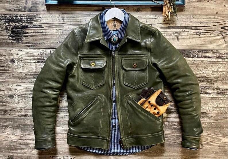 Robert Olive Green Leather Jacket for Men Military Style Etsy