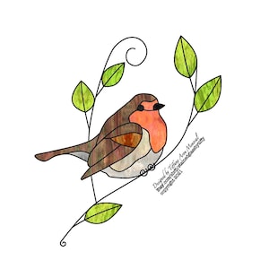 English robin bird on a branch Stained Glass Pattern Digital Download